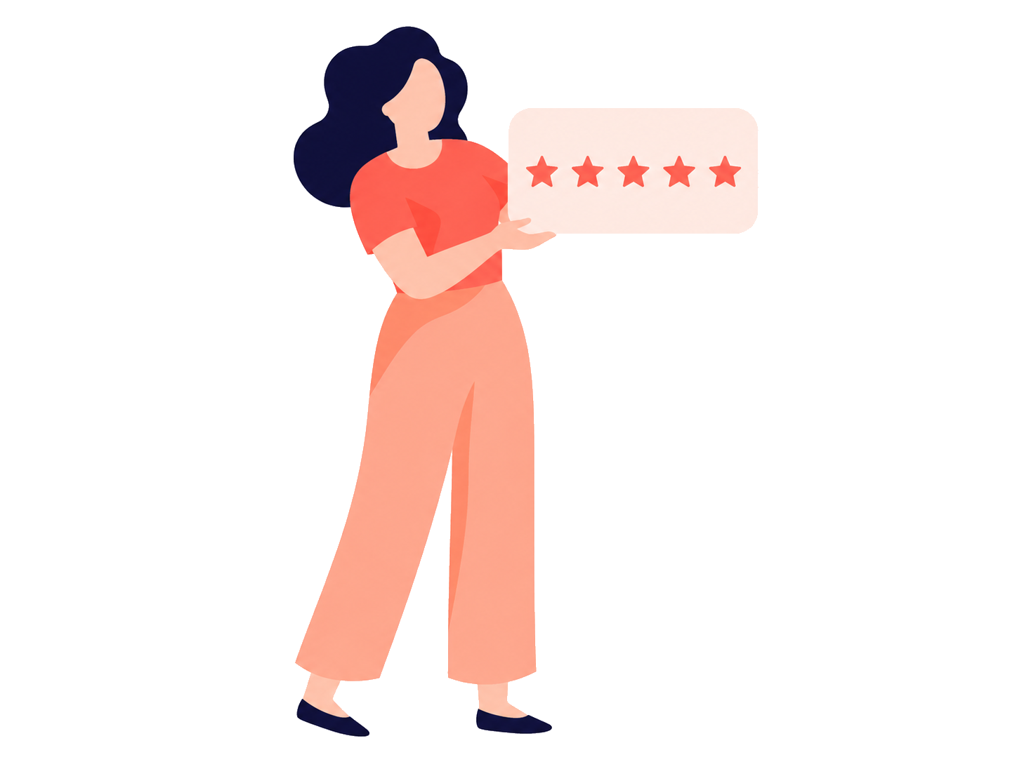 A stylized woman proudly presenting a five-star review.