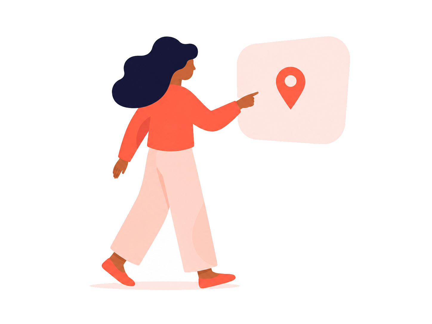 A woman pointing at a location pin on an illustrated city map.